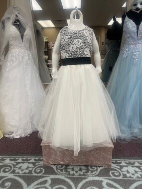 Mon Cheri White Lace Bodice Tulle Gown with Black Waistband